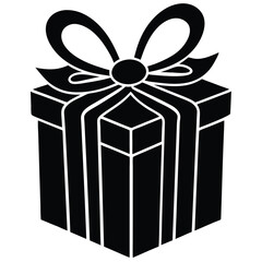 Christmas gift box with ribbon silhouette vector line art festive design, Gift box outline vector, Xmas present silhouette, Holiday gift ribbon drawing.