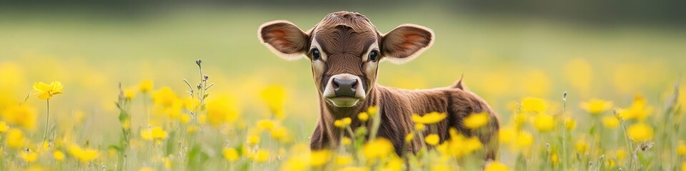A cute baby calf in the middle of yellow flowers, with a green grass background