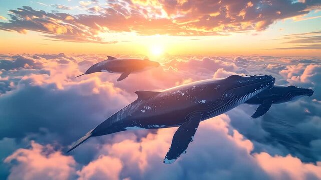Whales Soaring Through Clouds at Sunset