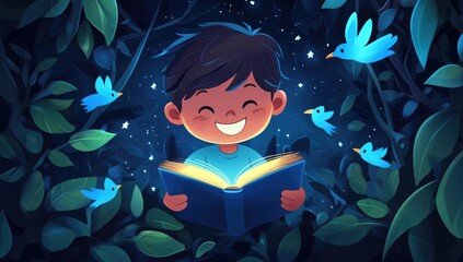 A cute cartoon boy is smiling while reading, holding an open book with glowing pages and blue birds flying around him.