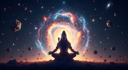 Silhouette of Lord Shiva meditating in cosmic nebula, surrounded by stars and planets.