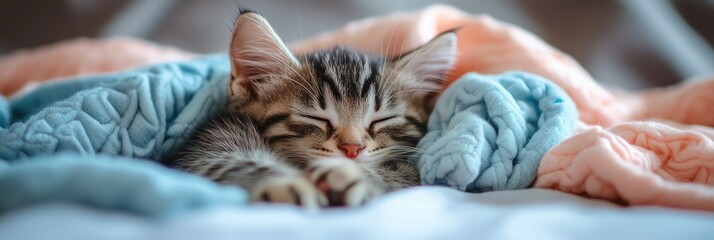 A cute kitten sleeping on the bed, covered with soft blue and pink blankets