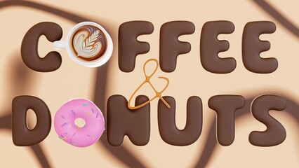 Horizontal 3D infographic coffee cup donuts cafeteria patisserie latte cappuccino americano menu order combo duo casual glazed render picture rotating waves gradient texture sale backgrounds advertise