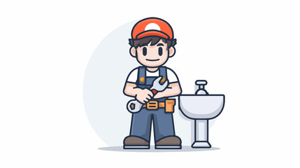 Cartoon handyman character with wrench standing by sink