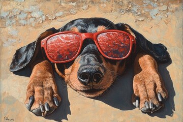 A dachshund dog wearing sunglasses is lying on the beach with its head in the sand, its legs sticking out from behind.