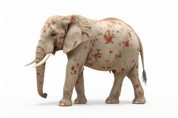 Fototapeta premium Floral-painted elephant, studio shot, isolated, white background, design element