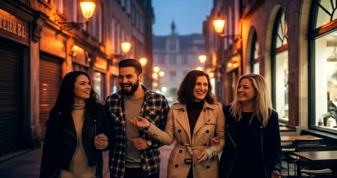Jovial quartet strolls a warm lit city street at dusk embracing camaraderie and city life