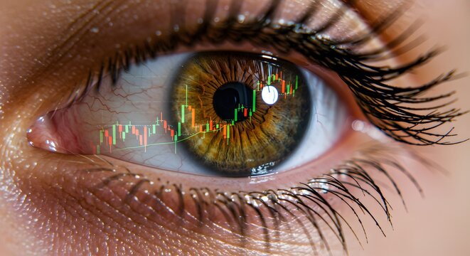 Close-up of a human eye reflecting a stock market candlestick chart, representing financial vision and investment analysis.