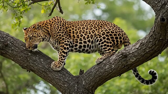 African Leopard on the Branch: A majestic feline surveying its domain from tree, showcasing its