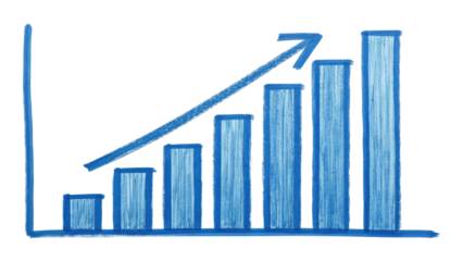 Hand sketching cobalt blue bar graph with upward trend arrow showing business growth and success