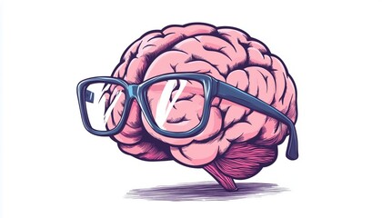 Pink Human Brain With Glasses Creates Innovative Solutions On A White Background: Discovering The Power Of Brain Doodles In Education.