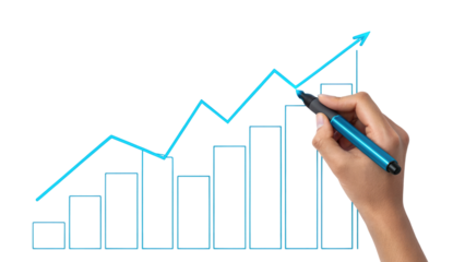 Hand draws glowing upward trend graph with marker symbolizing financial growth and success
