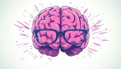 Innovative Pink Human Brain With Glasses Develops Solution On White Surface: A Brainy Doodle For Education And Discovery.