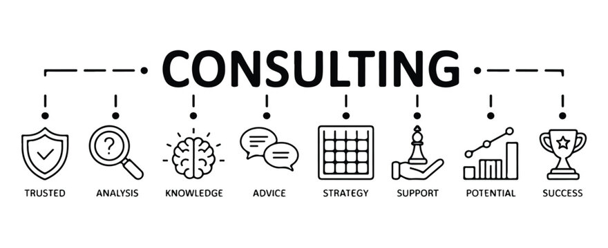 A minimalist business consulting icon set with black line art illustrations on a white background. Editable stroke. - Powered by Adobe