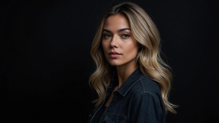 Pretty American woman in plain black background, side view and wears casual outfit