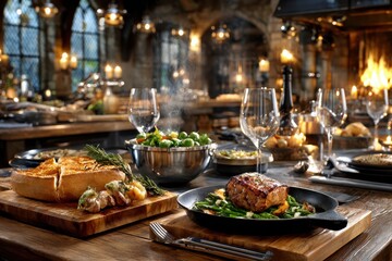 Fototapeta premium Medieval feast with roasted meat and vegetables