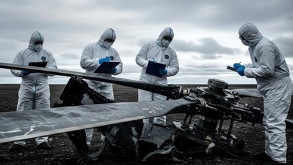 Four people in protective suits investigate a helicopter crash, taking notes on the scene amidst a desolate landscape, focusing on investigation, safety, and accident details.