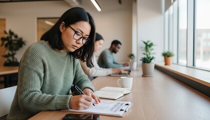 Focused young woman studying in modern library with other students