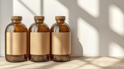 Three amber glass bottles with blank kraft paper labels sit on a light wood surface against a white wall, bathed in dappled sunlight