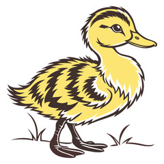 Vector art of cute yellow duckling with brown stripes standing on grass