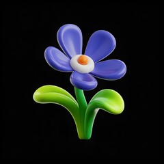 Floral Fantasy: A charming, cartoon-style depiction of a solitary, vibrant blue flower blossoming against a pure black canvas. It's a vivid representation of spring's delicate elegance.