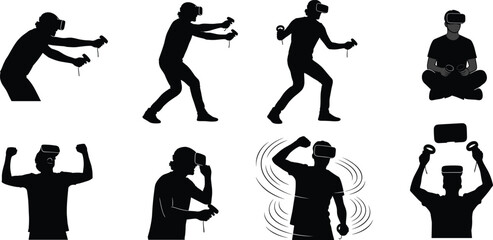 Silhouette collection of people wearing virtual reality headset, gaming and exploring VR technology with different poses vector illustration for design