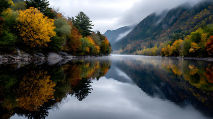 Autumn colors reflecting in the calm river as it wins through the valley, surrunded by mountains with mit and colorful foliage.