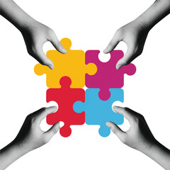 A minimalist illustration of four hands in grayscale reaching in from the corners to connect four colorful puzzle pieces. Isolated on a transparent background.