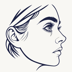Vector art of elegant profile portrait of a woman with striking eyelashes and styled hair, isolated on white background