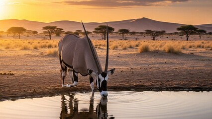 Wildebeest standing in the water at sunset in the Serengeti Tanzania desert landscape