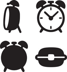 alarm clock silhouette icons set side, front, back, and top views vector art illustration