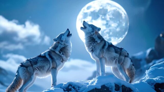 Wolves Howling at the Moon in Winter Landscape