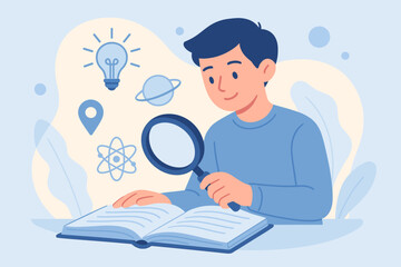 Young boy exploring science with magnifying glass and open book in vector art