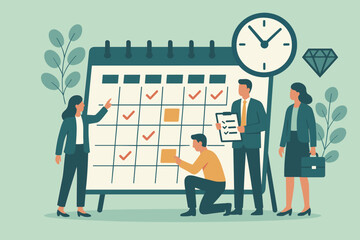 Team planning meeting: business professionals organizing calendar schedule