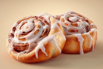 Two delicious cinnamon rolls with sweet white icing glaze on a warm beige background.