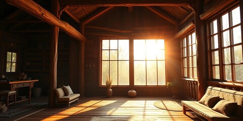 Warm sunlight streams through large windows illuminating rustic wooden interior,   wood paneling,  interior