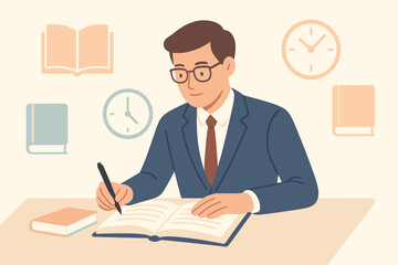 Businessman in office with books and clocks in minimalist flat design