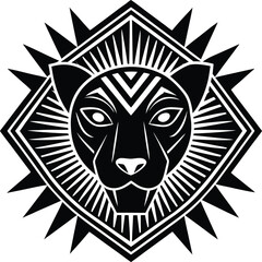 Obraz premium Vector art of geometric black and white illustration of a panther head within a diamond shape, , evoking power and mystery