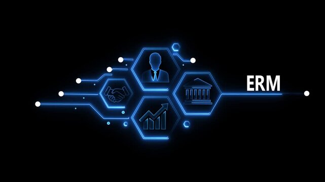 Glowing "ERM button in business man on a futuristic, abstract wave technology on black background. Abstract neon Hud knowledge ability business graph icon Glowing neon line concept.