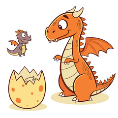 Vector art of cute cartoon illustration of a mother dragon and her baby dragon hatching from an egg