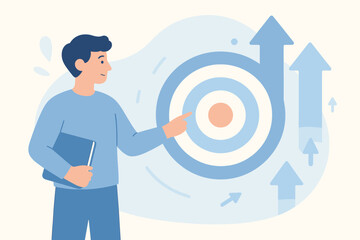 Businessman reaching target with growth arrows in modern flat design