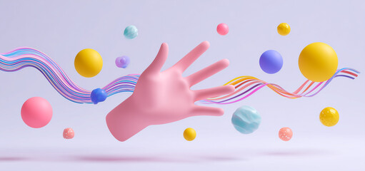 Pink hand with colorful abstract spheres and wavy lines on light background.