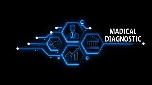 Glowing "medical diagnostic button in business man on a futuristic, abstract wave technology on black background. Abstract neon Hud knowledge ability business graph icon Glowing neon line concept.