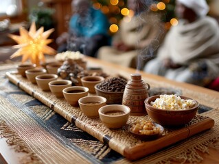 Ceremonia tradicional del café con tazas jebena en un entorno acogedor y festivo