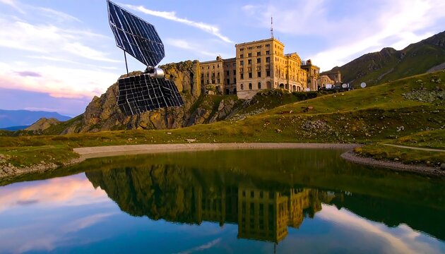 Mountaintop solar panels reflect in a placid alpine lake