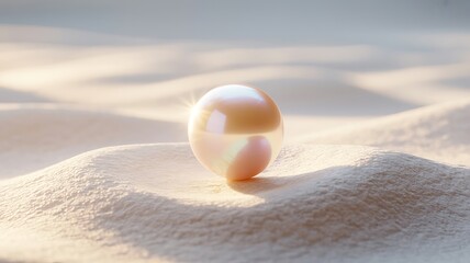 Single luminous pearl resting on soft sand dunes at sunrise