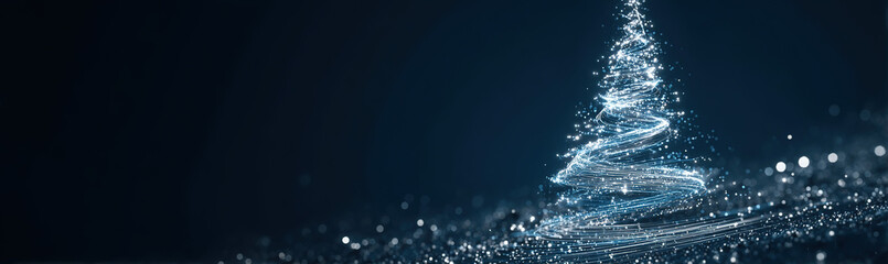 Sparkling abstract Christmas tree made of glittering particles against a dark blue bokeh background; festive digital art.
