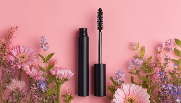 Black mascara tube and wand, surrounded by pink and purple flowers on a pink background - Powered by Adobe