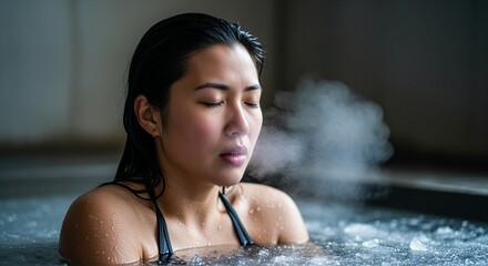 Asian woman with closed eyes exhaling mist in cold plunge ice bath