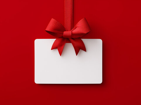 White gift card with a red ribbon and bow on a bright red background.